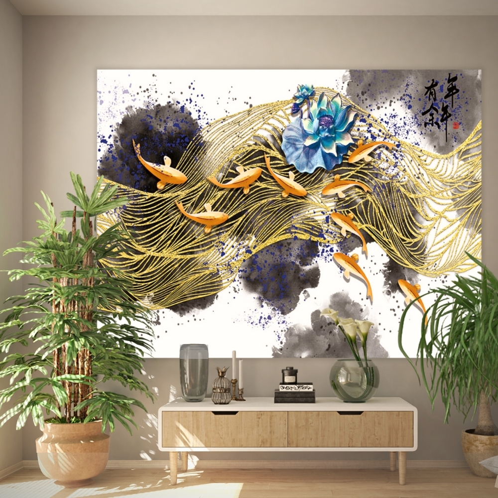 Japanese Fish Golden Art Cultural Modern Floral Decor